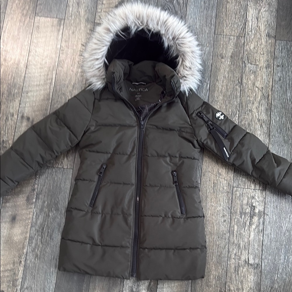Nautica Olive Puffer Jacket with Faux Fur removable Hood